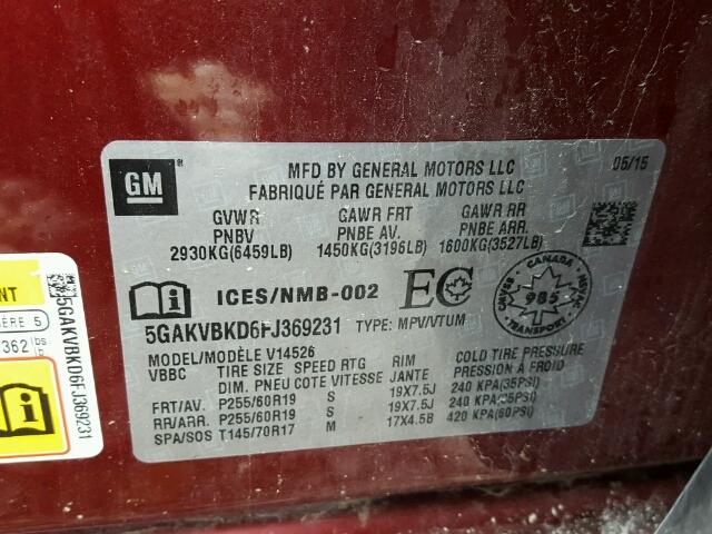 5GAKVBKD6FJ369231 - 2015 BUICK ENCLAVE RED photo 10