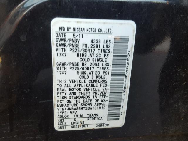 JN8AS5MT3BW181812 - 2011 NISSAN ROGUE S BLACK photo 10