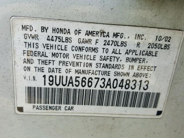 19UUA56673A048313 - 2003 ACURA 3.2TL WHITE photo 10