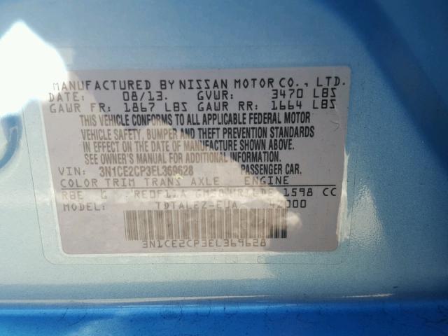 3N1CE2CP3EL369628 - 2014 NISSAN VERSA NOTE BLUE photo 10