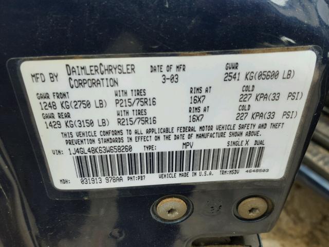 1J4GL48K63W658260 - 2003 JEEP LIBERTY SP BLUE photo 10