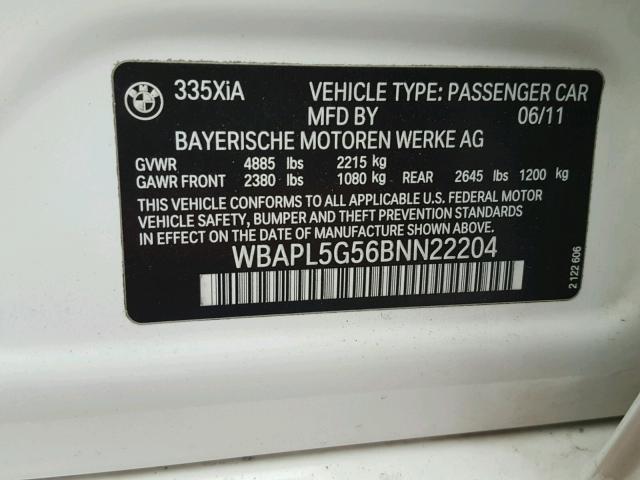 WBAPL5G56BNN22204 - 2011 BMW 335 XI WHITE photo 10