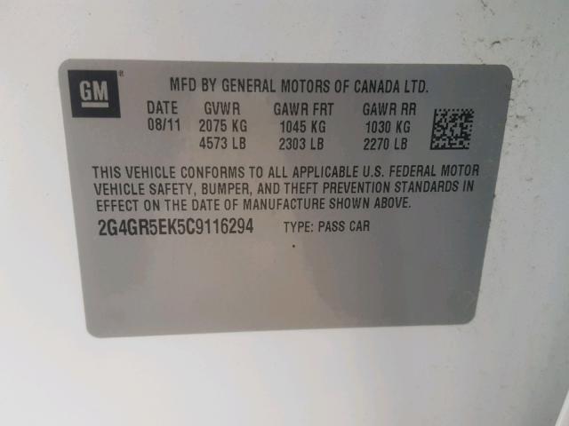 2G4GR5EK5C9116294 - 2012 BUICK REGAL 白色 照片 10