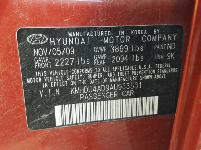 KMHDU4AD9AU933531 - 2010 HYUNDAI ELANTRA BL MAROON photo 10