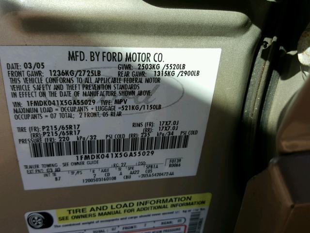 1FMDK041X5GA55029 - 2005 FORD FREESTYLE BEIGE photo 10