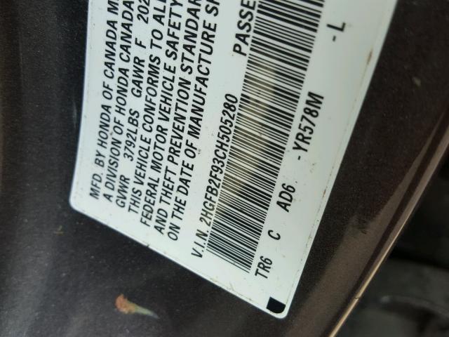 2HGFB2F93CH505280 - 2012 HONDA CIVIC EXL TAN photo 10