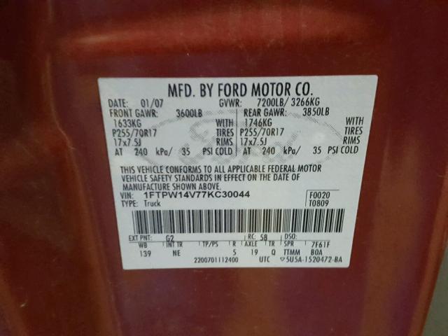 1FTPW14V77KC30044 - 2007 FORD F150 SUPER RED photo 10