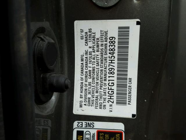 2HGFG11897H548389 - 2007 HONDA CIVIC EX 灰色 照片 10