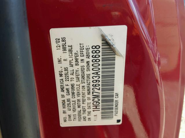 1HGCM72693A008688 - 2003 HONDA ACCORD EX RED photo 10