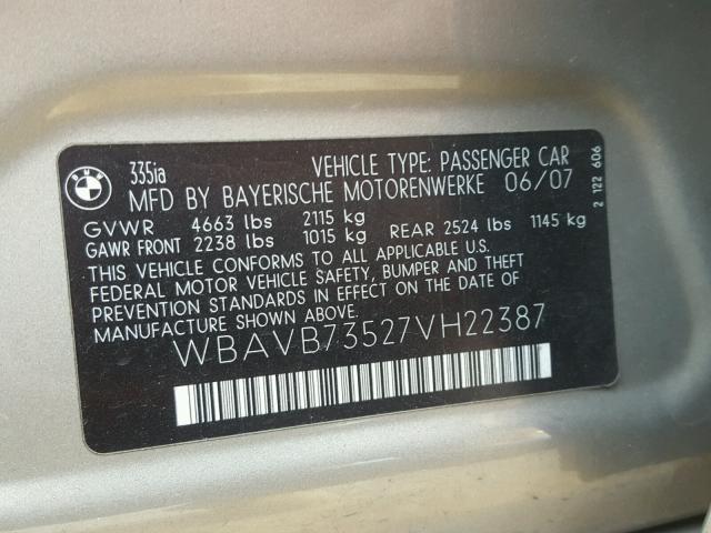 WBAVB73527VH22387 - 2007 BMW 335 I GOLD photo 10