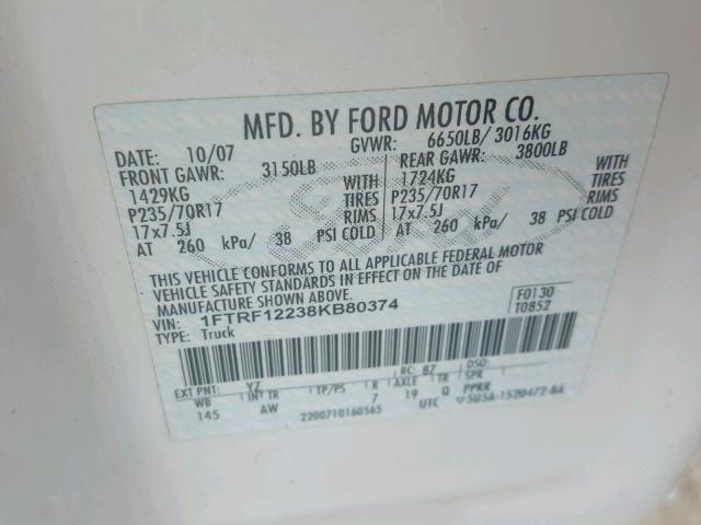 1FTRF12238KB80374 - 2008 FORD F150 Biały zdjęcie 10