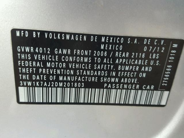 3VW1K7AJ2DM201803 - 2013 VOLKSWAGEN JETTA BASE SILVER photo 10