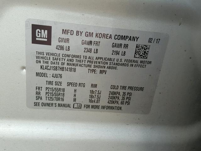 KL4CJ1SB7HB141818 - 2017 BUICK ENCORE SPO SILVER photo 10