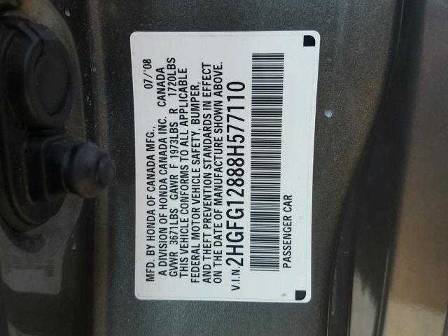 2HGFG12888H577110 - 2008 HONDA CIVIC EX CHARCOAL photo 10