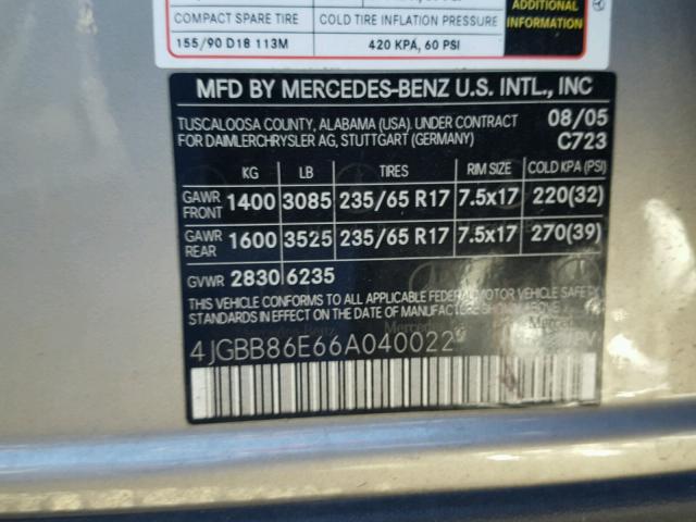 4JGBB86E66A040022 - 2006 MERCEDES-BENZ ML 350 SILVER photo 10