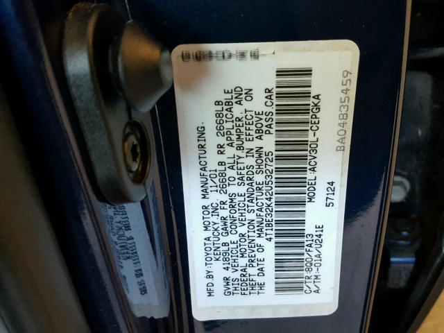 4T1BE32K42U532725 - 2002 TOYOTA CAMRY LE ლურჯი ფოტო 10