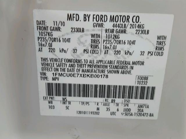 1FMCU0E7XBKB00178 - 2011 FORD ESCAPE LIM WHITE photo 10