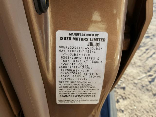 4S2CK58W924300438 - 2002 ISUZU RODEO S GOLD photo 10