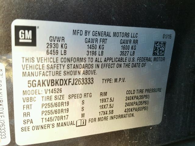 5GAKVBKDXFJ263333 - 2015 BUICK ENCLAVE ყავისფერი ფოტო 10