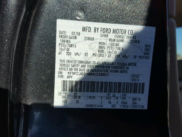 1FMCU03188KD39901 - 2008 FORD ESCAPE XLT GRAY photo 10