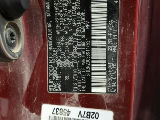 5TDZK23C38S117521 - 2008 TOYOTA SIENNA CE RED photo 10