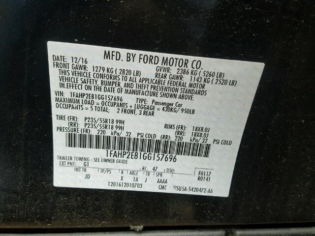 1FAHP2E81GG157696 - 2016 FORD TAURUS SEL BLACK photo 10