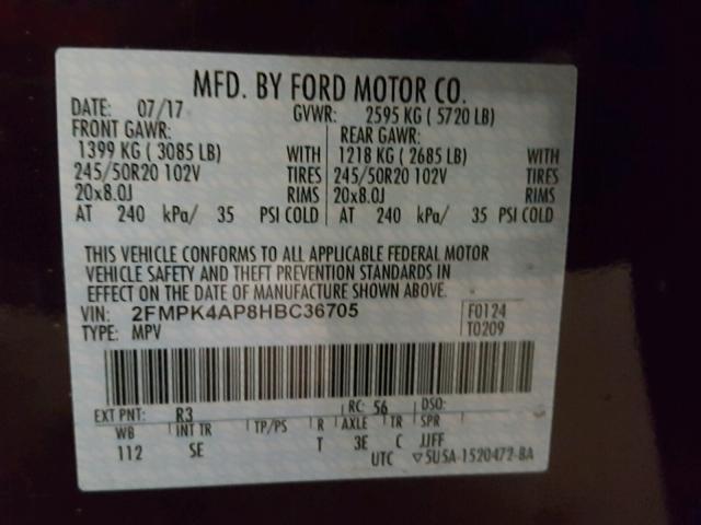 2FMPK4AP8HBC36705 - 2017 FORD EDGE SPORT MAROON photo 10