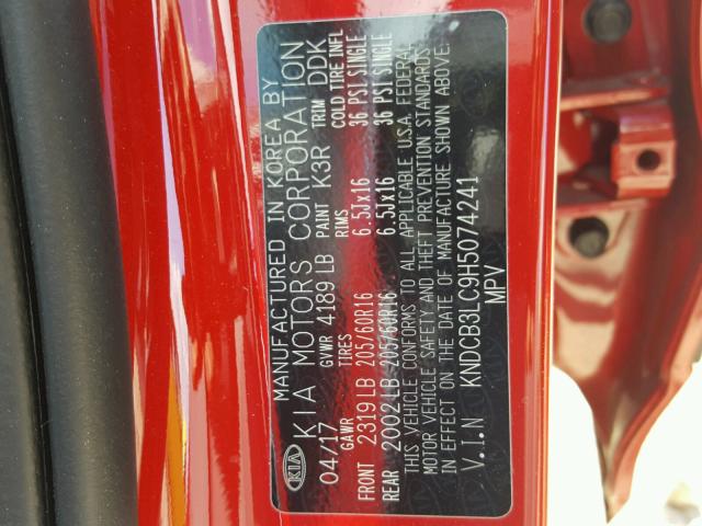 KNDCB3LC9H5074241 - 2017 KIA NIRO FE RED photo 10