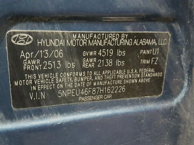 5NPEU46F87H162226 - 2007 HYUNDAI SONATA SE BLUE photo 10