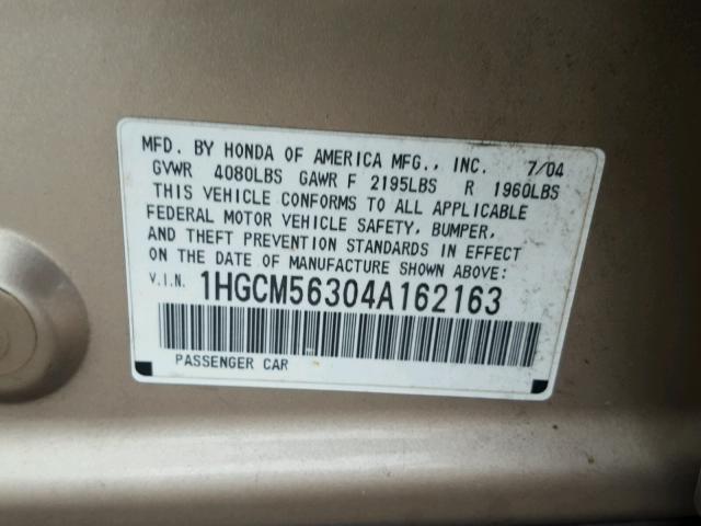 1HGCM56304A162163 - 2004 HONDA ACCORD LX GOLD photo 10