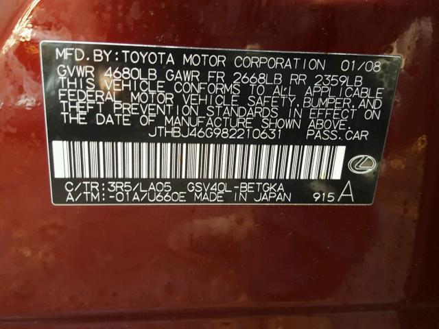 JTHBJ46G982210631 - 2008 LEXUS ES 350 MAROON photo 10