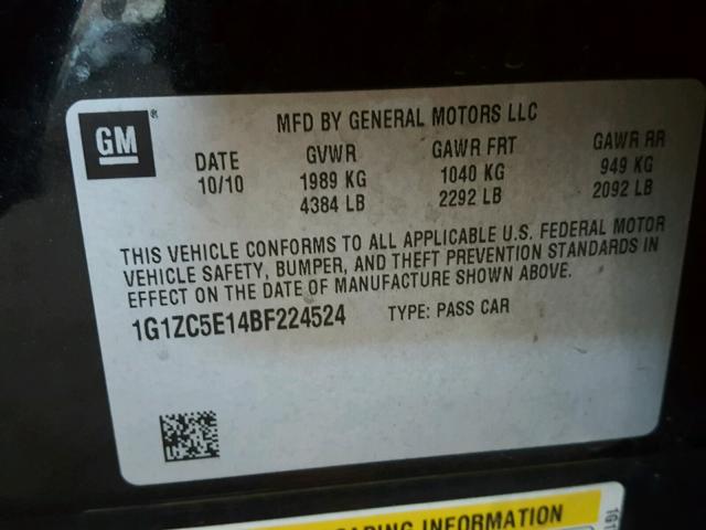 1G1ZC5E14BF224524 - 2011 CHEVROLET MALIBU 1LT CHARCOAL photo 10