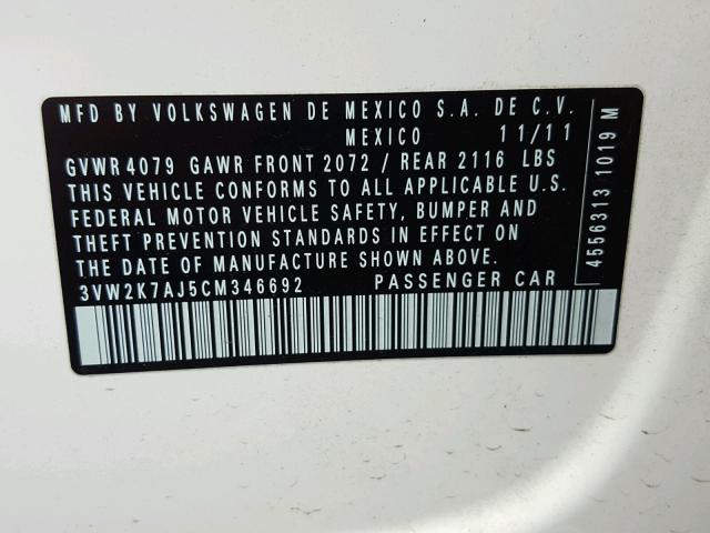 3VW2K7AJ5CM346692 - 2012 VOLKSWAGEN JETTA BASE WHITE photo 10