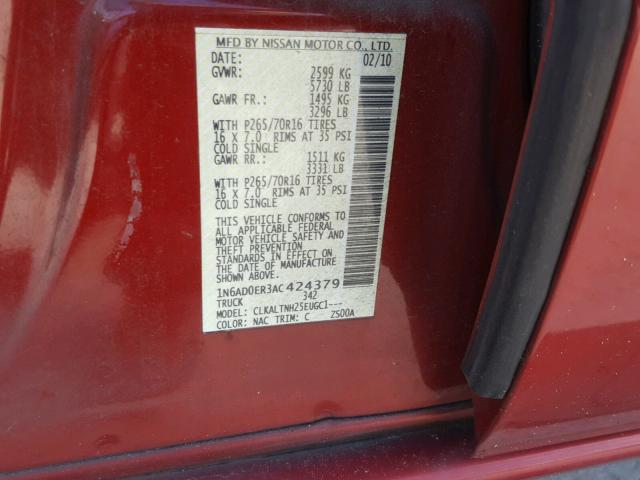 1N6AD0ER3AC424379 - 2010 NISSAN FRONTIER C RED photo 10
