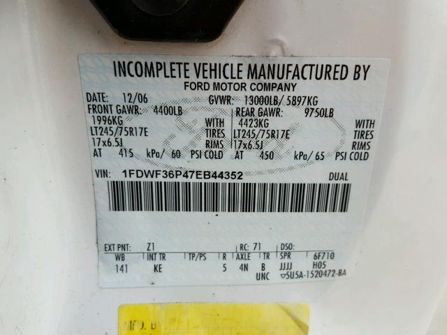 1FDWF36P47EB44352 - 2007 FORD F350 SUPER WHITE photo 10