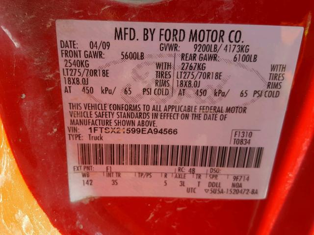 1FTSX21599EA94566 - 2009 FORD F250 SUPER RED photo 10