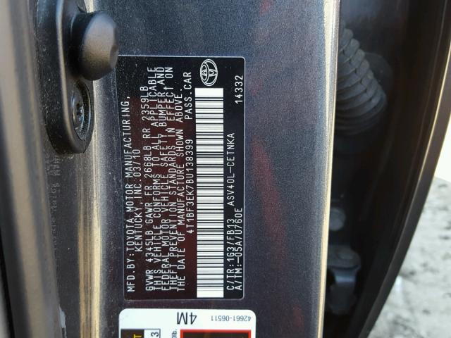 4T1BF3EK7BU138399 - 2011 TOYOTA CAMRY BASE GRAY photo 10