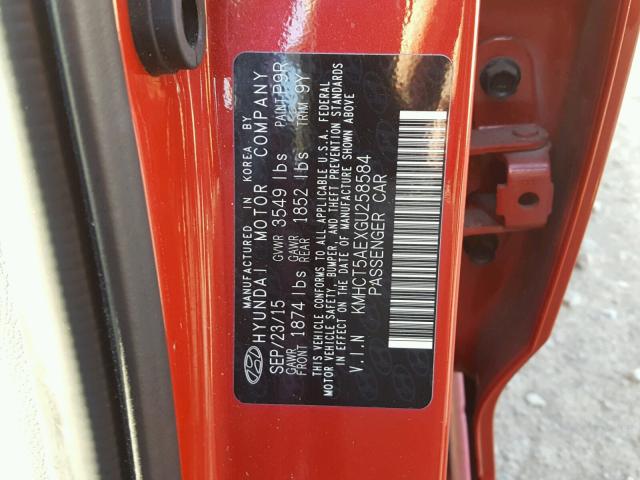 KMHCT5AEXGU258584 - 2016 HYUNDAI ACCENT SE RED photo 10