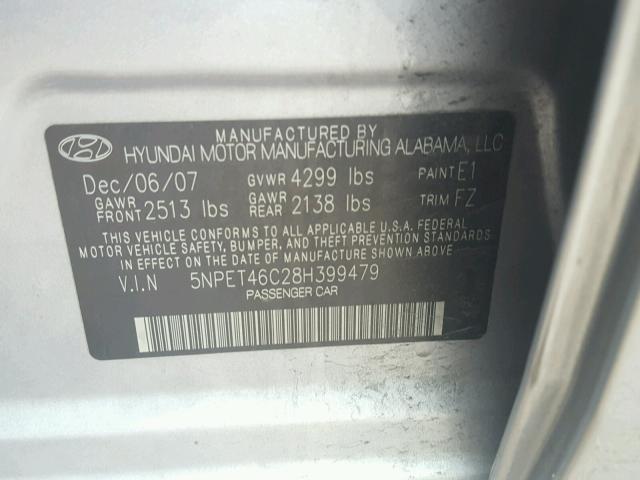 5NPET46C28H399479 - 2008 HYUNDAI SONATA GLS GRAY photo 10