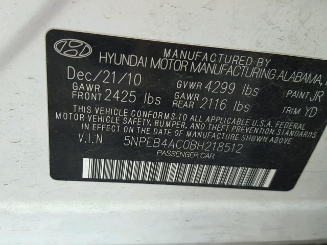 5NPEB4AC0BH218512 - 2011 HYUNDAI SONATA GLS WHITE photo 10