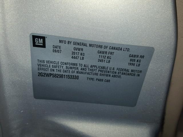 2G2WP582981153330 - 2008 PONTIAC GRAND PRIX BEIGE photo 10