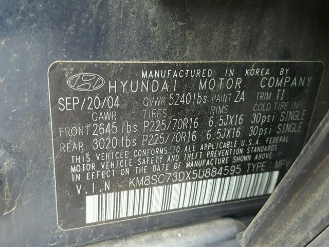 KM8SC73DX5U884595 - 2005 HYUNDAI SANTA FE G BLUE photo 10