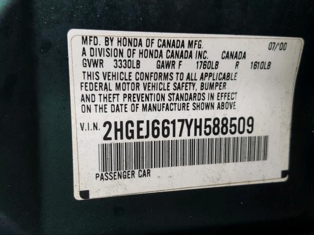 2HGEJ6617YH588509 - 2000 HONDA CIVIC BASE GREEN photo 10