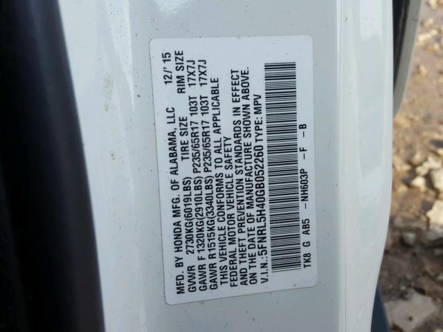 5FNRL5H40GB052260 - 2016 HONDA ODYSSEY EX WHITE photo 10