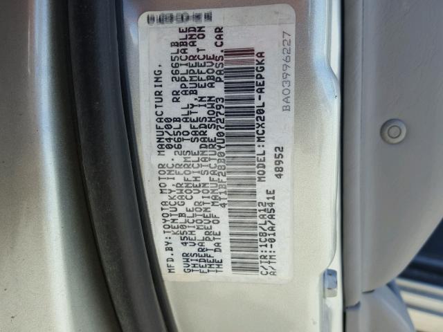 4T1BF28B0YU072793 - 2000 TOYOTA AVALON XL GRAY photo 10