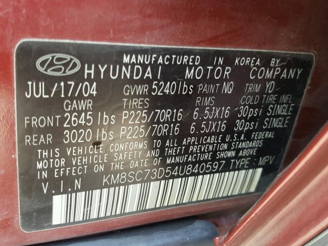 KM8SC73D54U840597 - 2004 HYUNDAI SANTA FE G RED photo 10