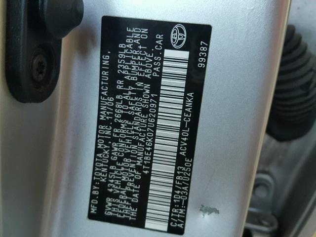 4T1BE46K07U620971 - 2007 TOYOTA CAMRY NEW SILVER photo 10