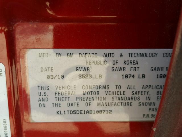 KL1TD5DE1AB108712 - 2010 CHEVROLET AVEO LS GRAY photo 10