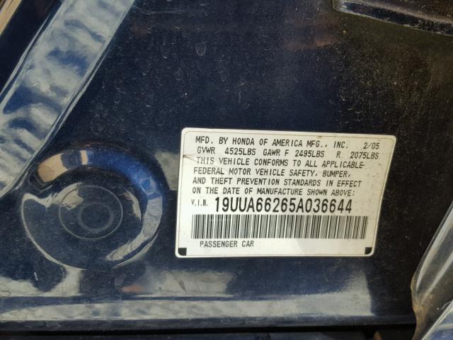 19UUA66265A036644 - 2005 ACURA TL BLUE photo 10