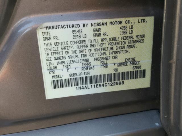 1N4AL11E54C122598 - 2004 NISSAN ALTIMA BAS TAN photo 10